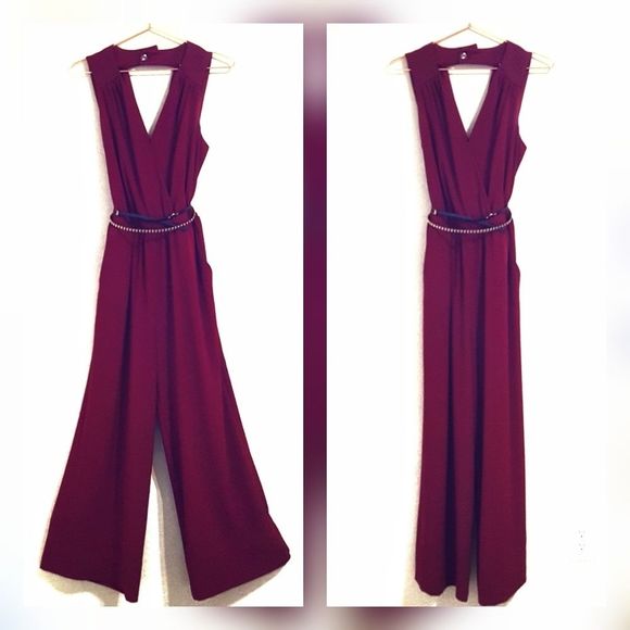Gianni Bini Pants - GIANNI BINI | Maroon Wide Leg Open Back Romper Med